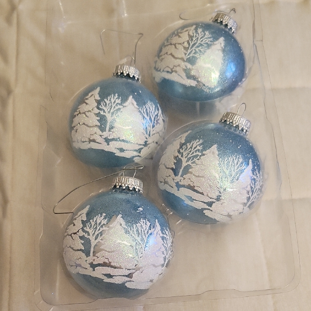 Krebs Glass Ball Ornaments. Light Blue w/a White Winter Tree & Snow Design.